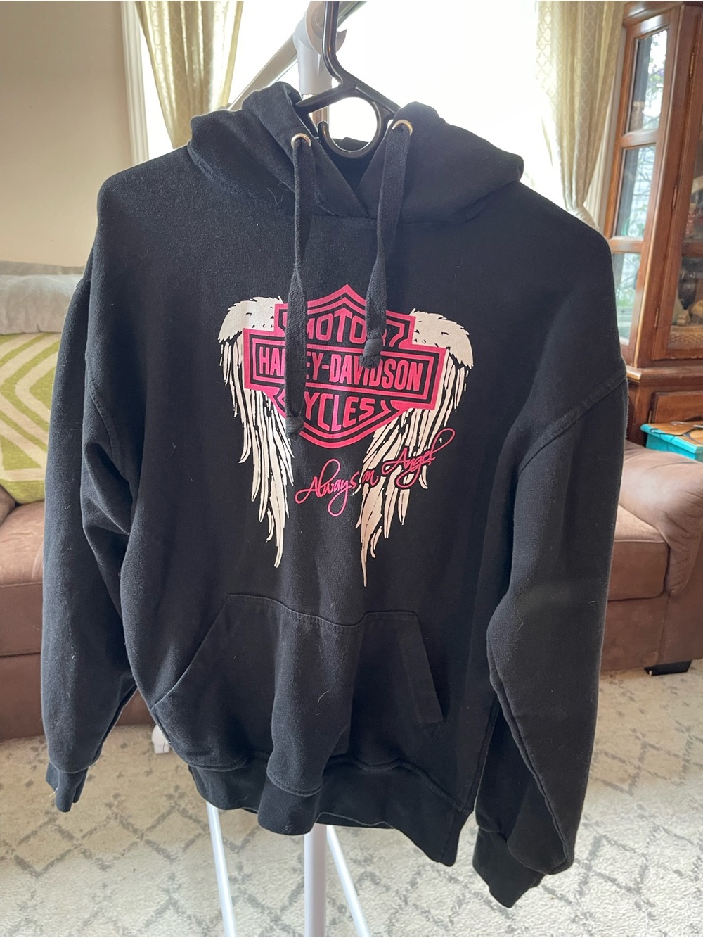 Harley-Davidson Black Hoodie with Pink Logo and White Wings